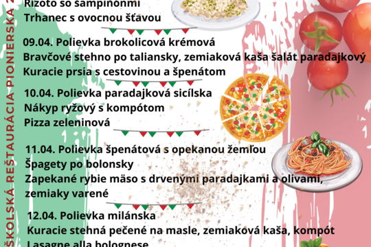 Regionálna kuchyňa, taliansky, český týždeň v Školská reštaurácia Pionierska 2 1